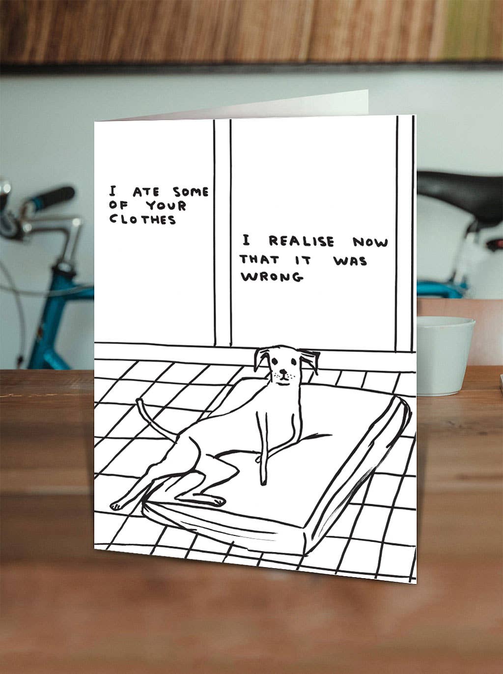 Lustige David Shrigley Grußkarte mit Aufschrift „Ate Your Clothes“