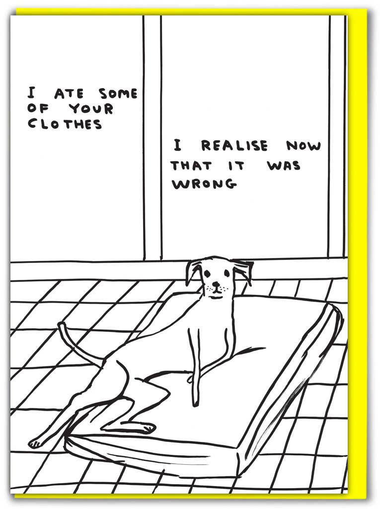 Lustige David Shrigley Grußkarte mit Aufschrift „Ate Your Clothes“
