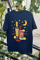 Wien Streetwear T-Shirt Navy, Rückenprint mit Averna-Flasche, Cocktailglas, Mond und Sternen, Loose Fit Bio Baumwolle
