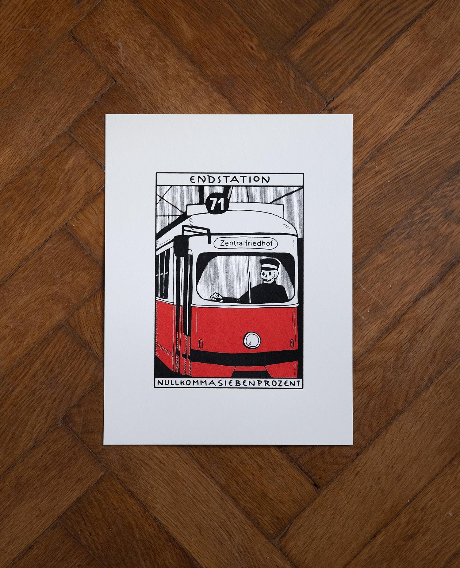 Endstation Zentralfriedhof Siebdruck von NKSP – Wiener Straßenbahn 71 mit Skelett am Steuer