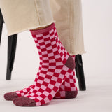 Checked combed cotton socks - Red and pink