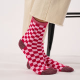 Checked combed cotton socks - Red and pink