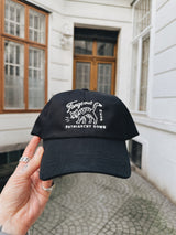 Fangs Out Patriarchy Down Dad Cap Schwarz von NKSP – bestickte fauchende Katze