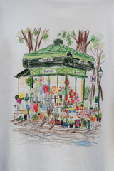Detailansicht GKBS Wien Print: handgezeichneter grüner Blumenstand mit bunten Blumen und BLUMEN-Aufschrift auf Off White