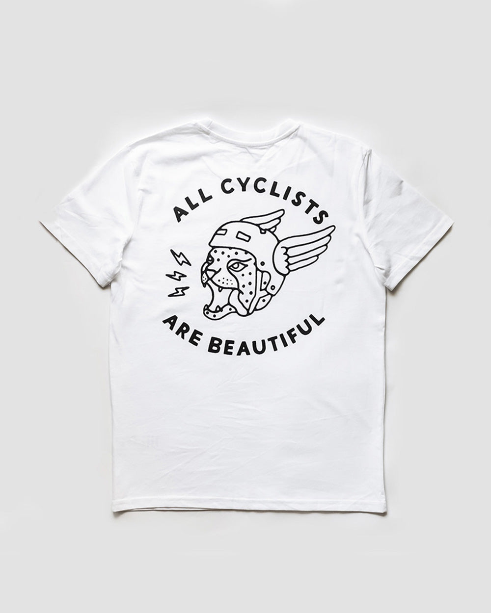 All Cyclists Are Beautiful T-Shirt Weiß von NKSP – Rückenprint mit Raubkatze