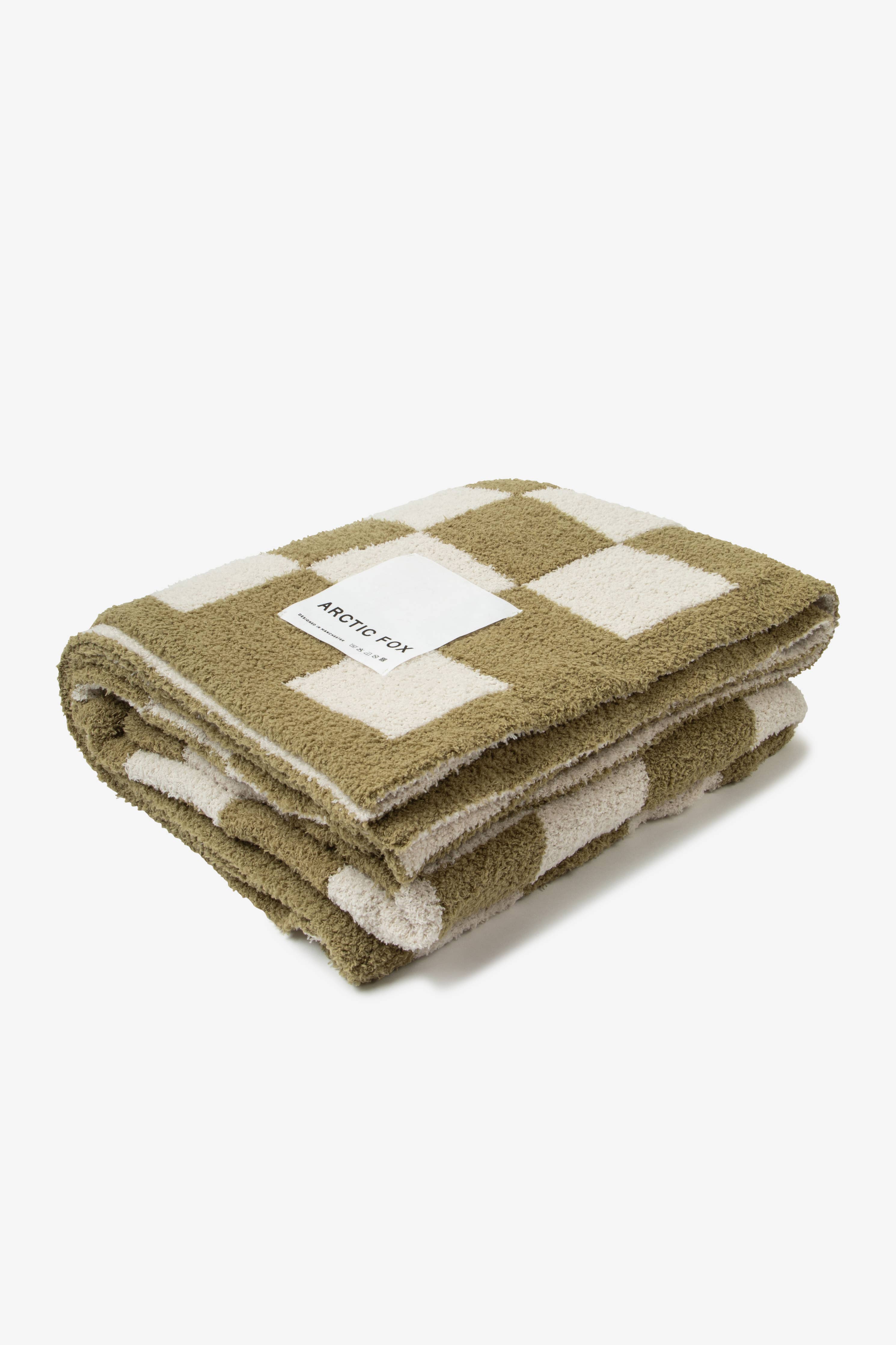 Die Teddydecke — 100% recycelt — khakifarbenes Karomuster
