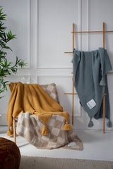 Die Teddydecke, 100% recycelt, beigefarbenes Karomuster,