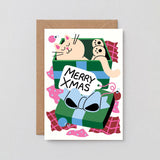Merry Xmas Cat In A Present Embossed Holiday Greeting Card